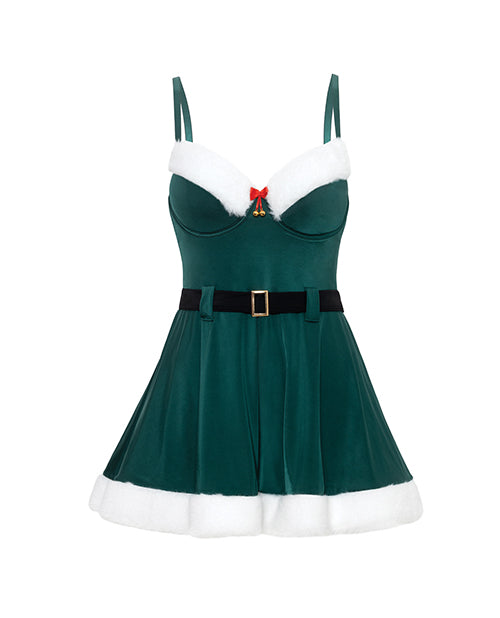 Holiday Elfina Padded Chemise with Marabou Trim Green S/M featuring rich green fabric and festive marabou accents.
