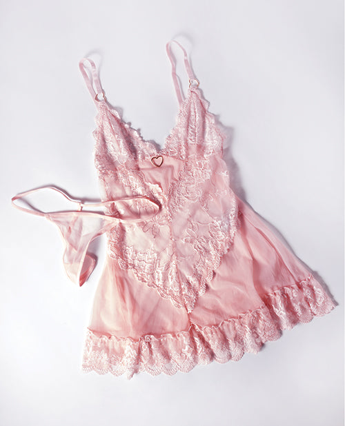 Oh La La Cheri Forever Valentine Lace Babydoll Pink Medium with matching G-string set on a light background.