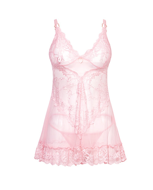 Forever Valentine Lace Babydoll and G-String Pink Small featuring delicate lace detailing and soft A-line silhouette.