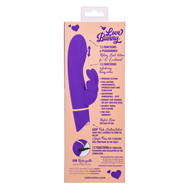 Love Bunny Rollin' G Bunny Dual Motor Vibrator Purple packaging with features and instructions displayed.