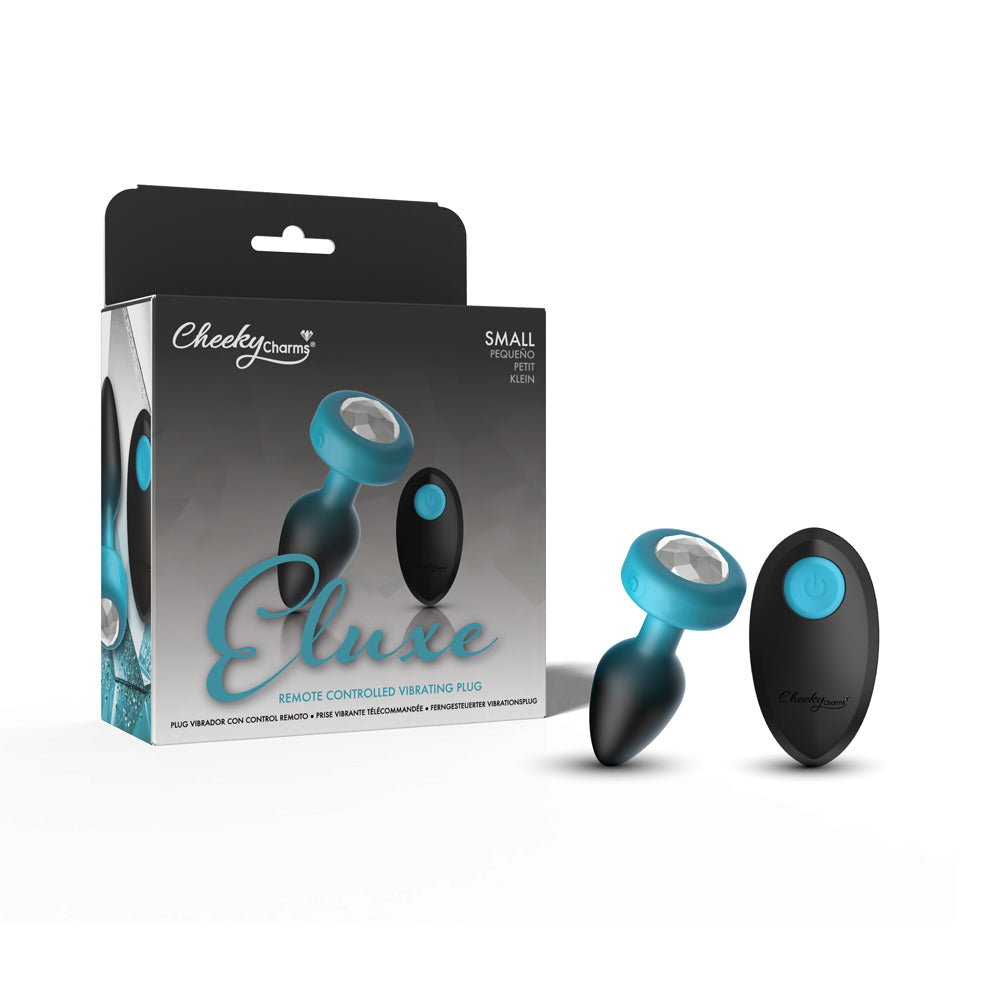 Eluxe Vibrating Clear Gem Blue Ombre Plug Small With Remote package and product image