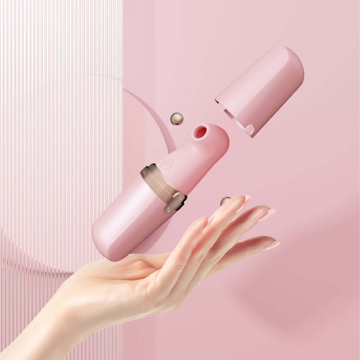 Sweet Secret Massager Pink with clitoral suction and wand vibration in an elegant design, floating above a hand for demonstration.
