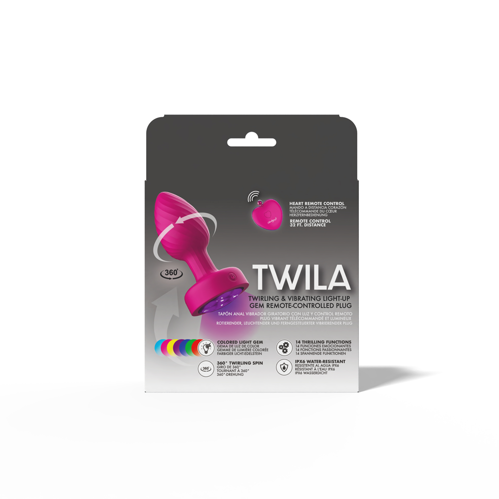 Twila Purple Gem Light Up Vibrating Anal Plug packaging featuring a remote-controlled design and twirling functions.