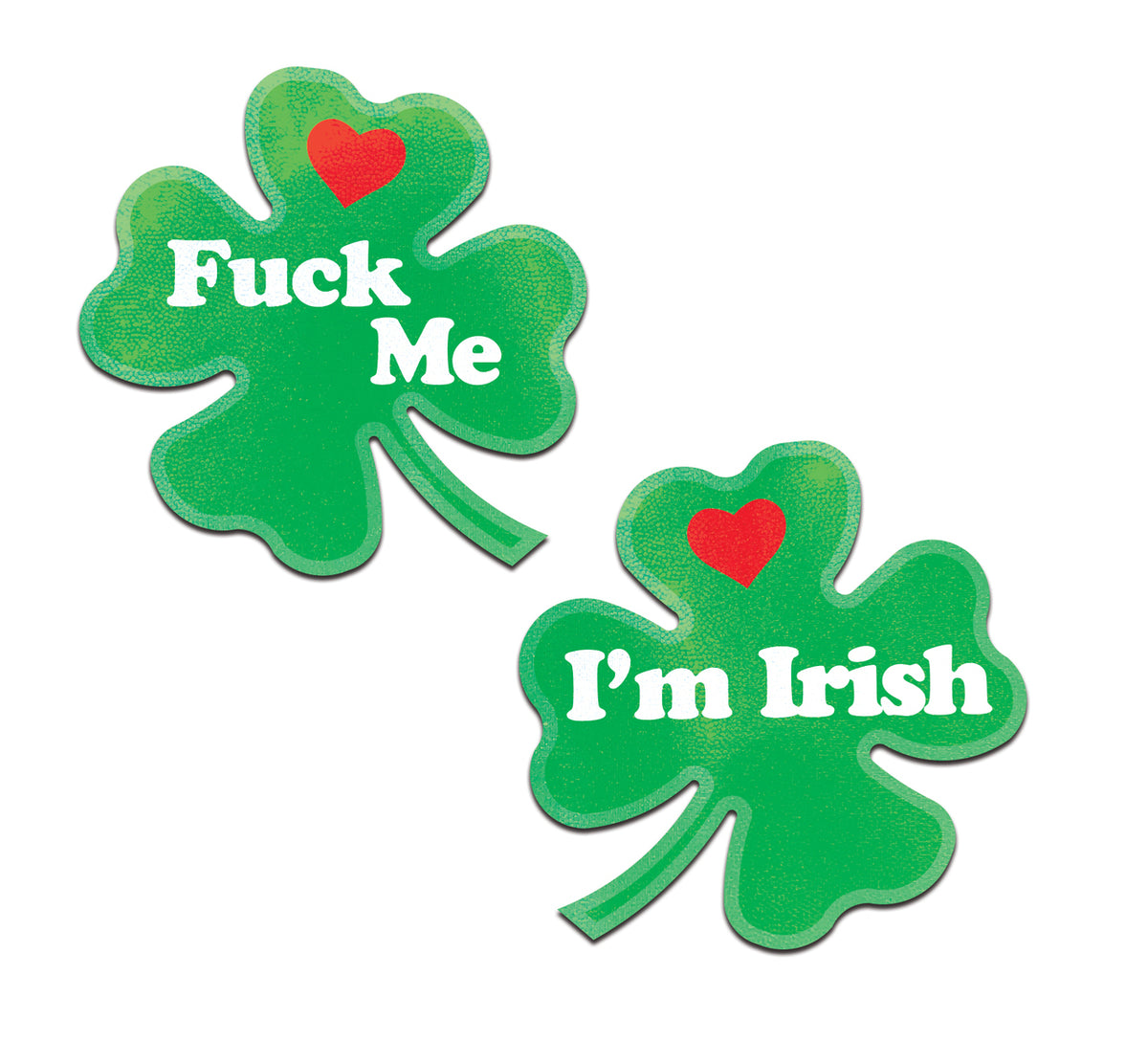 Pastease Clover Fuck Me I'm Irish Nipple Pasties shaped like a green four leaf clover with playful text.