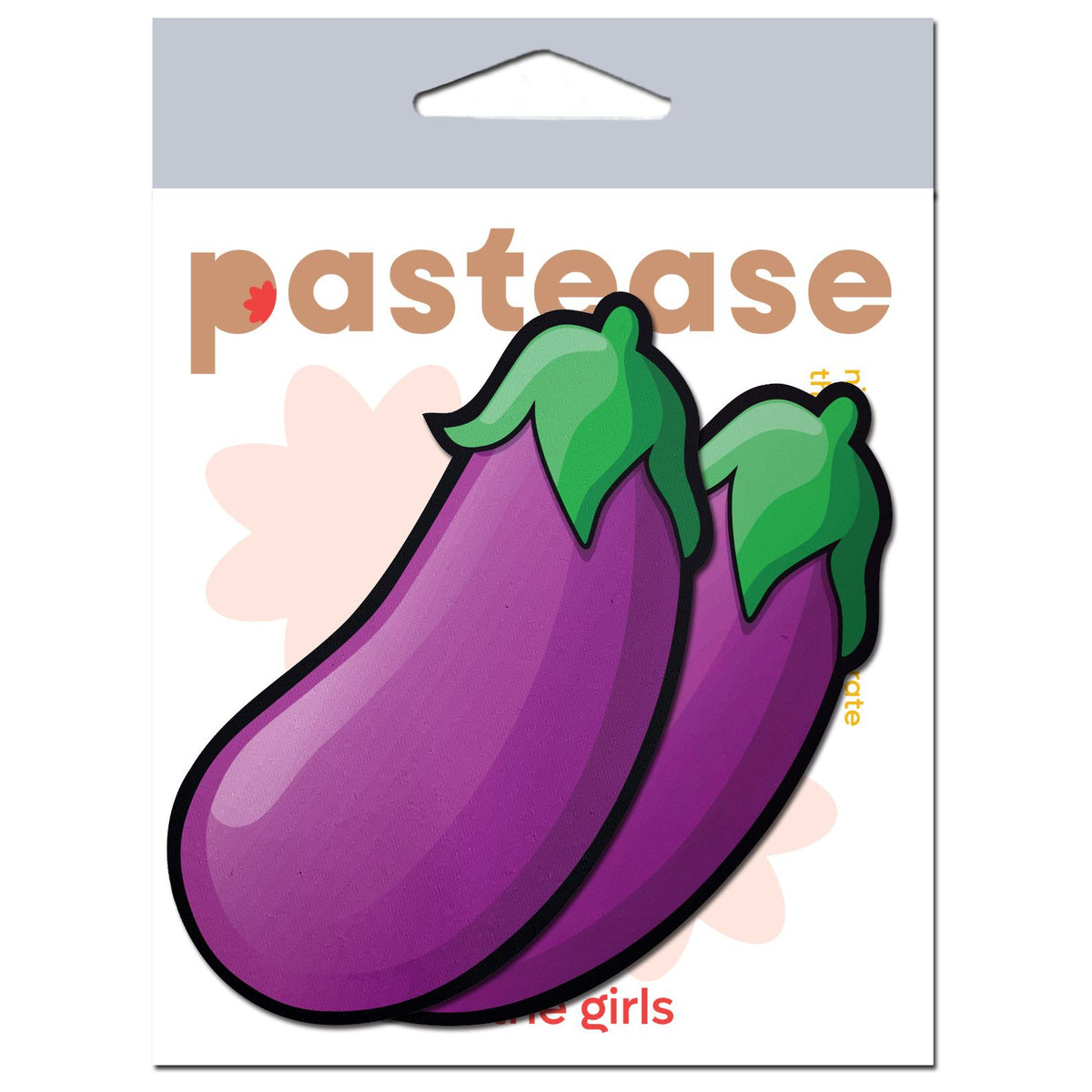 Pastease Eggplant Emoji Nipple Pasties Purple package featuring vibrant eggplant designs.
