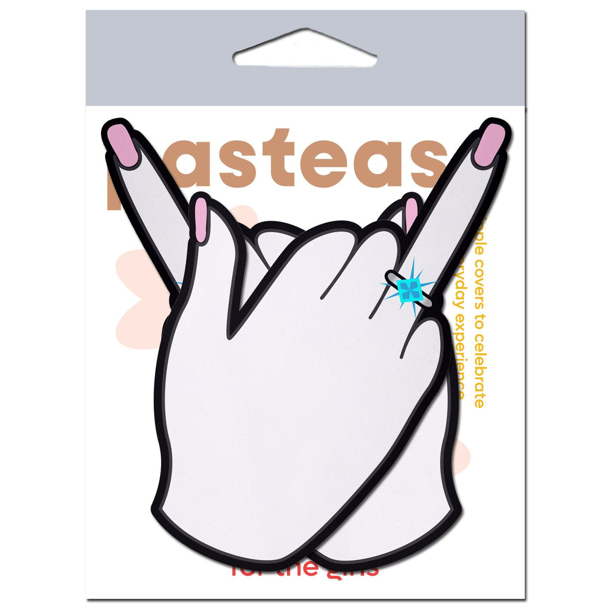 Pastease Engaged Ring Finger Nipple Pasties design featuring hands with a ring for bridal and engagement celebrations.