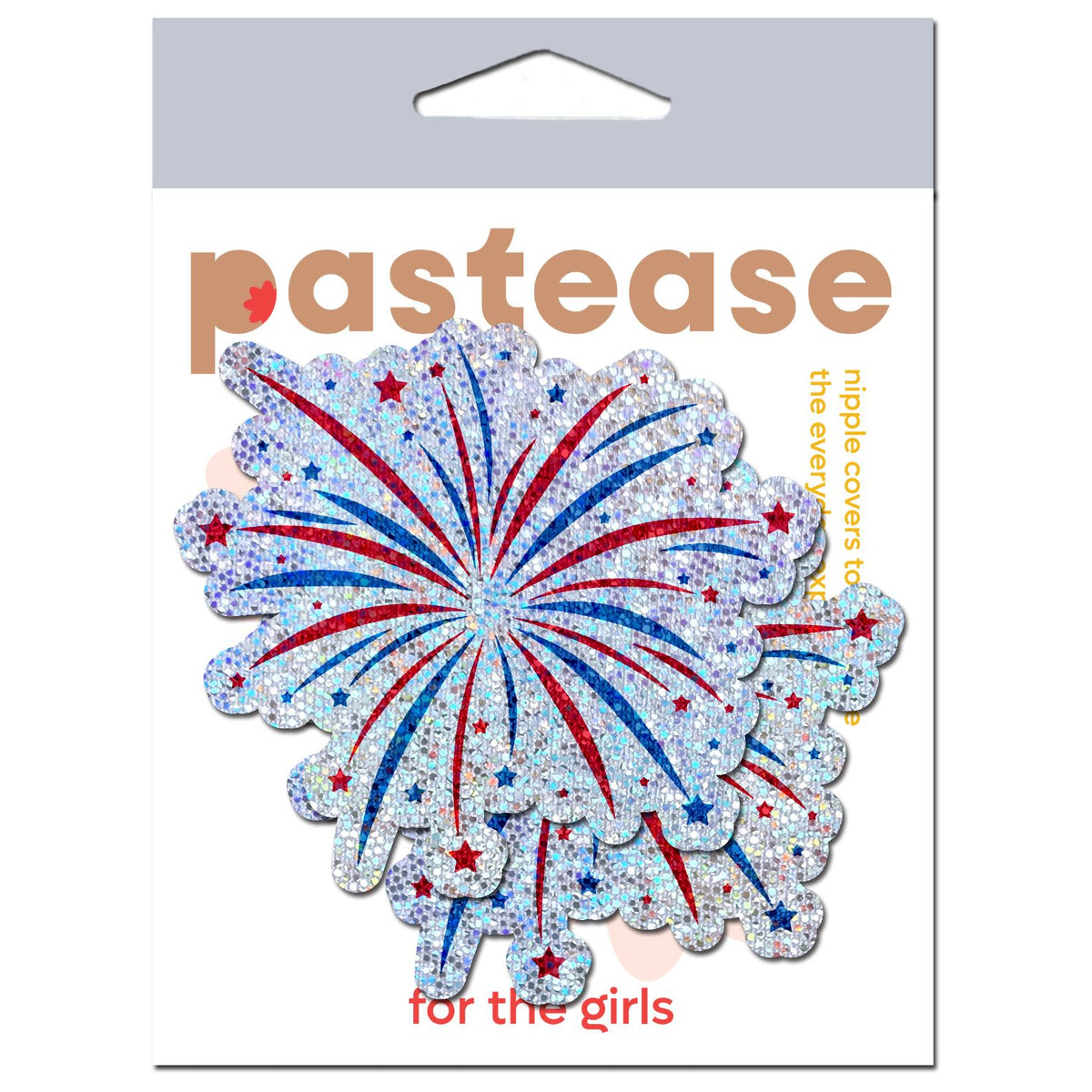 Pastease Fireworks Glitter Nipple Pasties featuring vibrant red, blue fireworks design on shimmering glitter.