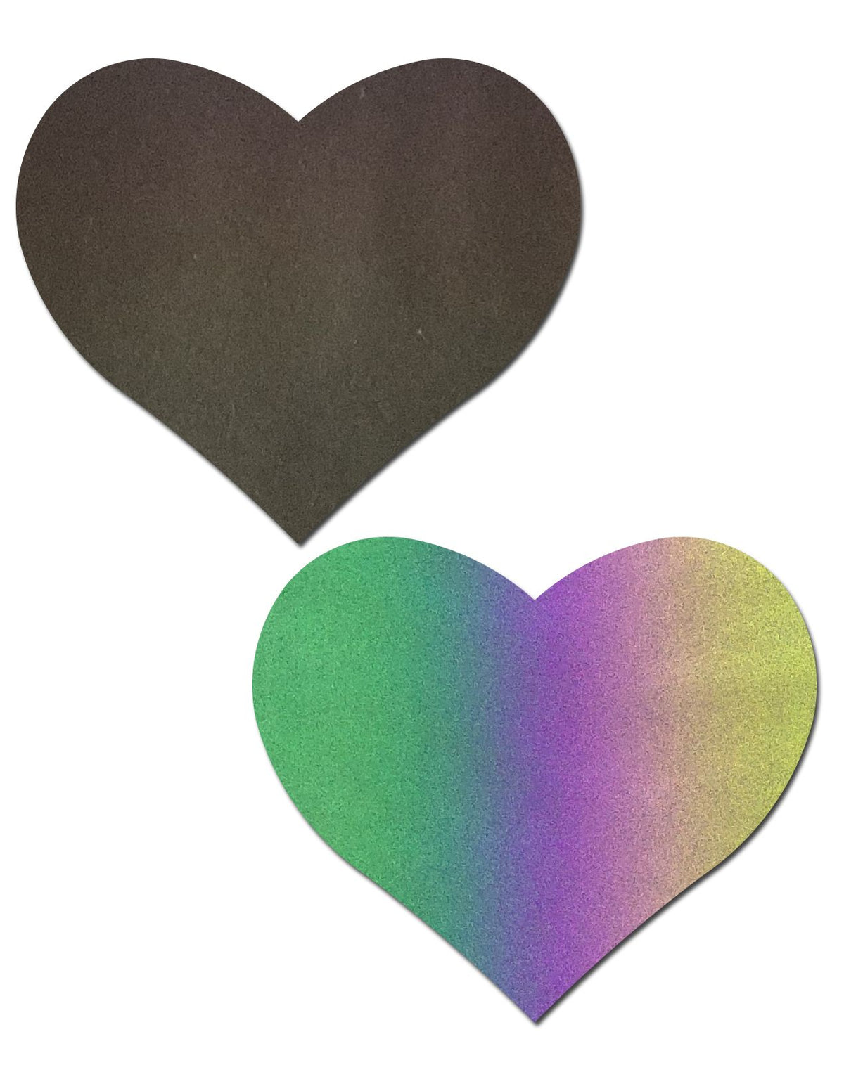 Pastease Reflective Rainbow Heart Nipple Pasties in heart shapes, featuring a shimmering rainbow reflective design.