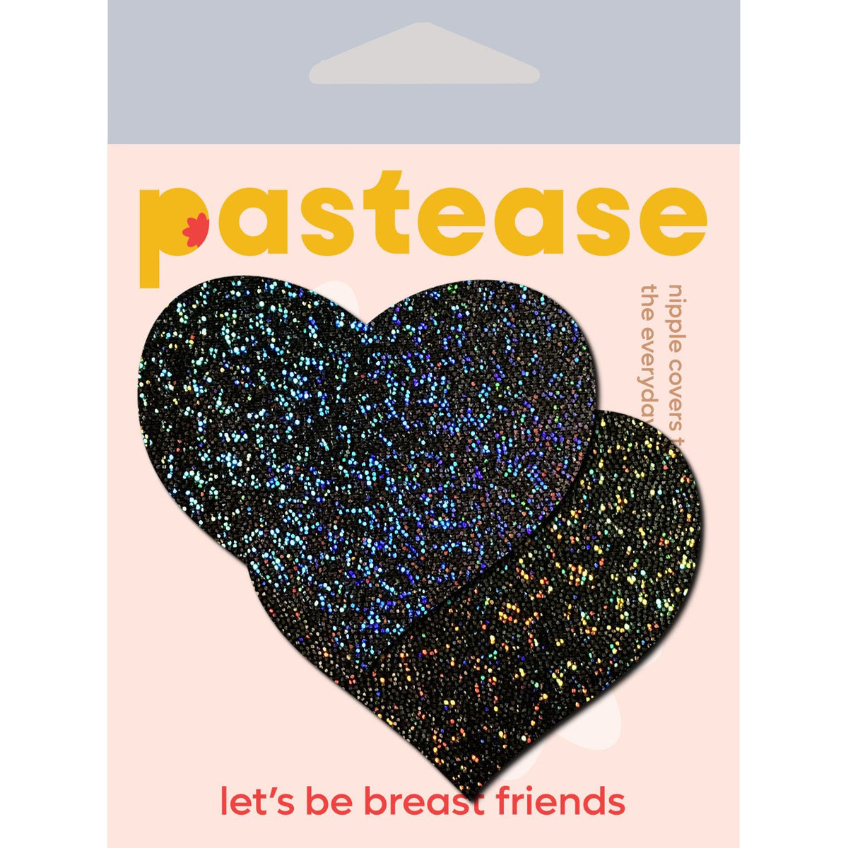 Pastease Glitter Heart Nipple Pasties Black packaging with sparkling heart-shaped covers for playful style.