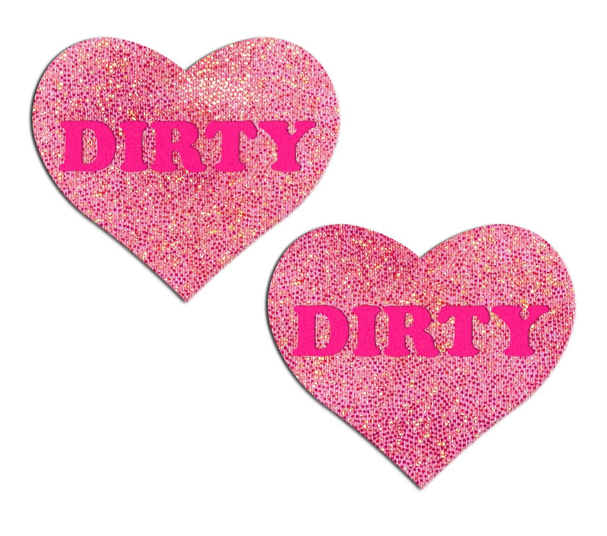 Pastease Love Dirty Heart Nipple Pasties Pink shown in heart shape with bold 'DIRTY' text, adding a fun touch to outfits.