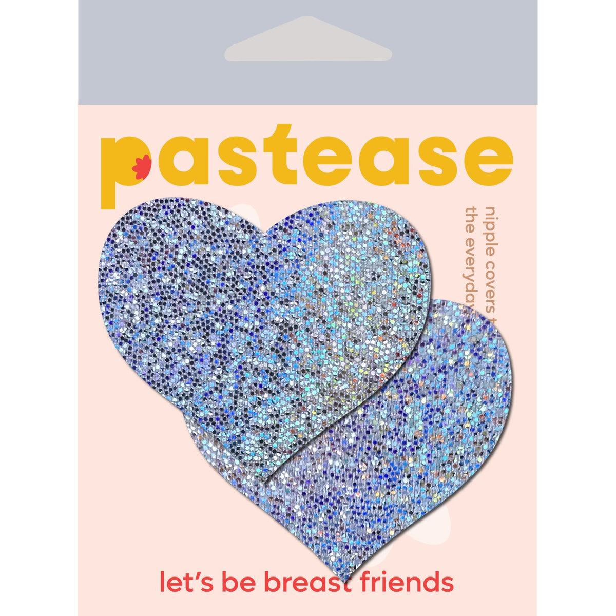 Pastease Hearts Silver Glitter Nipple Pasties packaging featuring shimmering heart-shaped nipple covers.