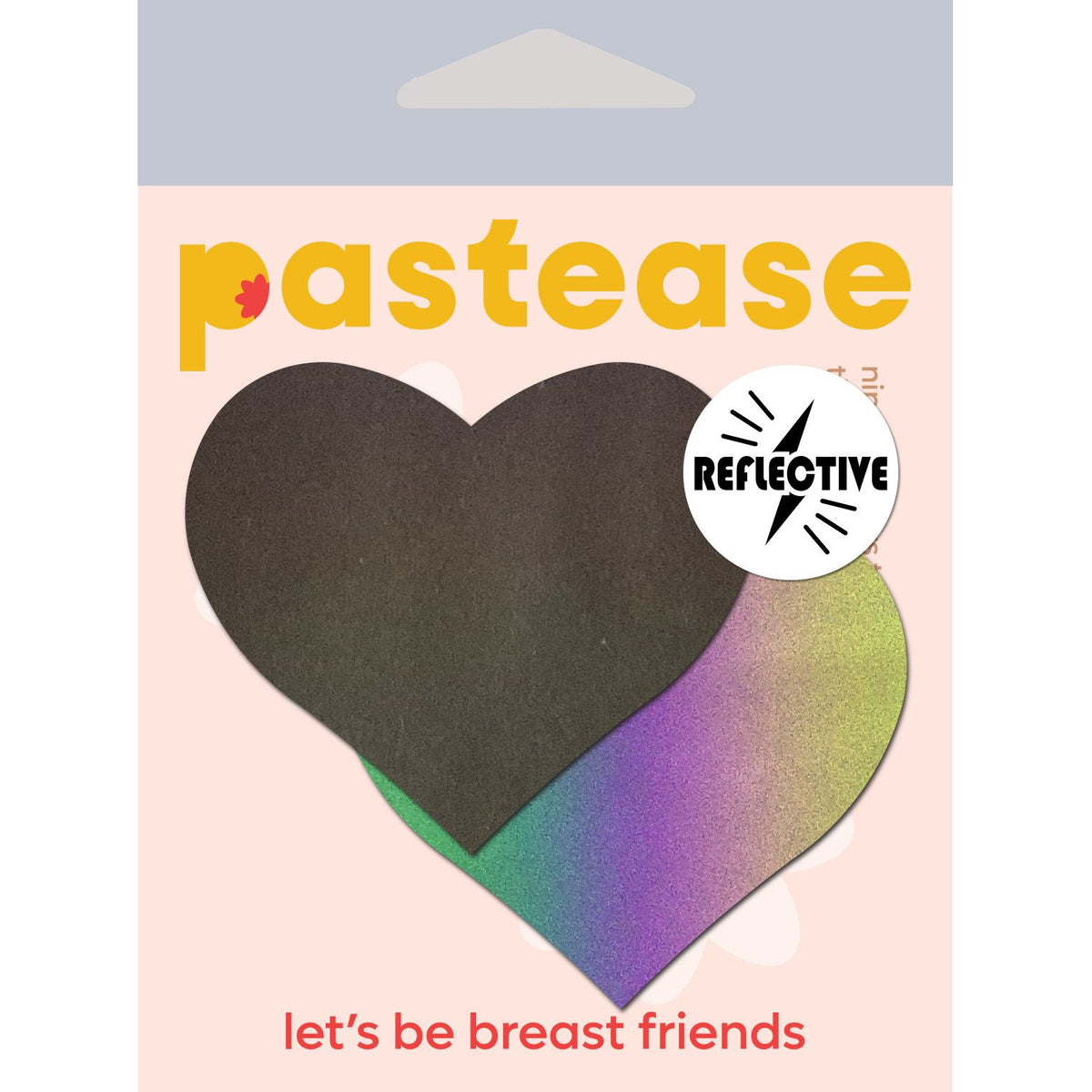 Pastease Reflective Rainbow Heart Nipple Pasties package featuring heart-shaped stickers with reflective material.