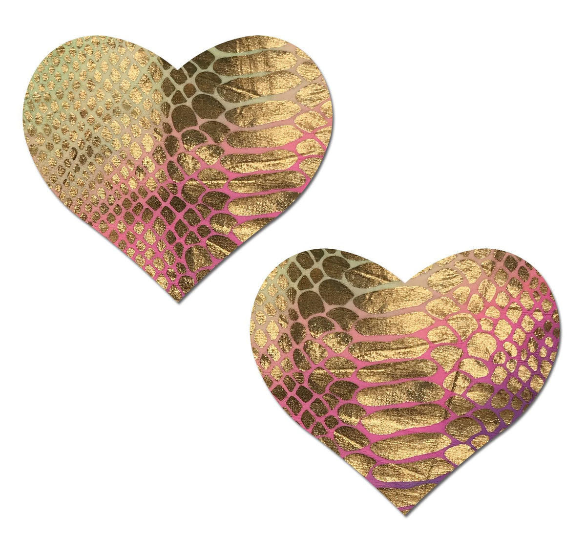 Pastease Love Gold Snake Print Tie Dye Heart Nipple Pasties with playful pastel colors and gold snake print design.