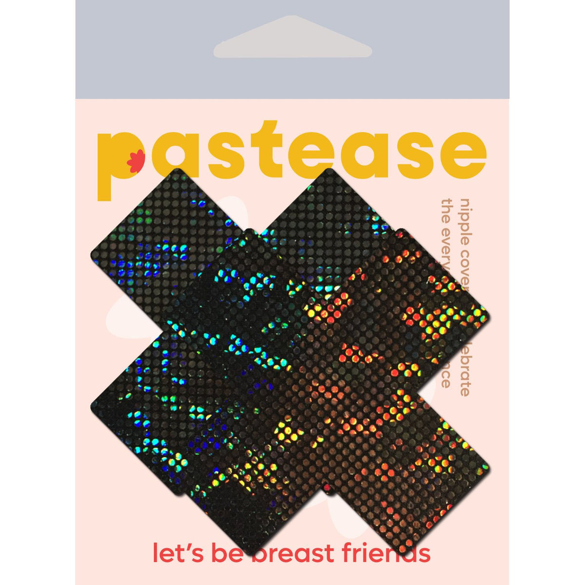 Pastease Shattered Glass Disco Ball Black Cross Pasties on a package showcasing bold, sparkly design and nipple coverage.
