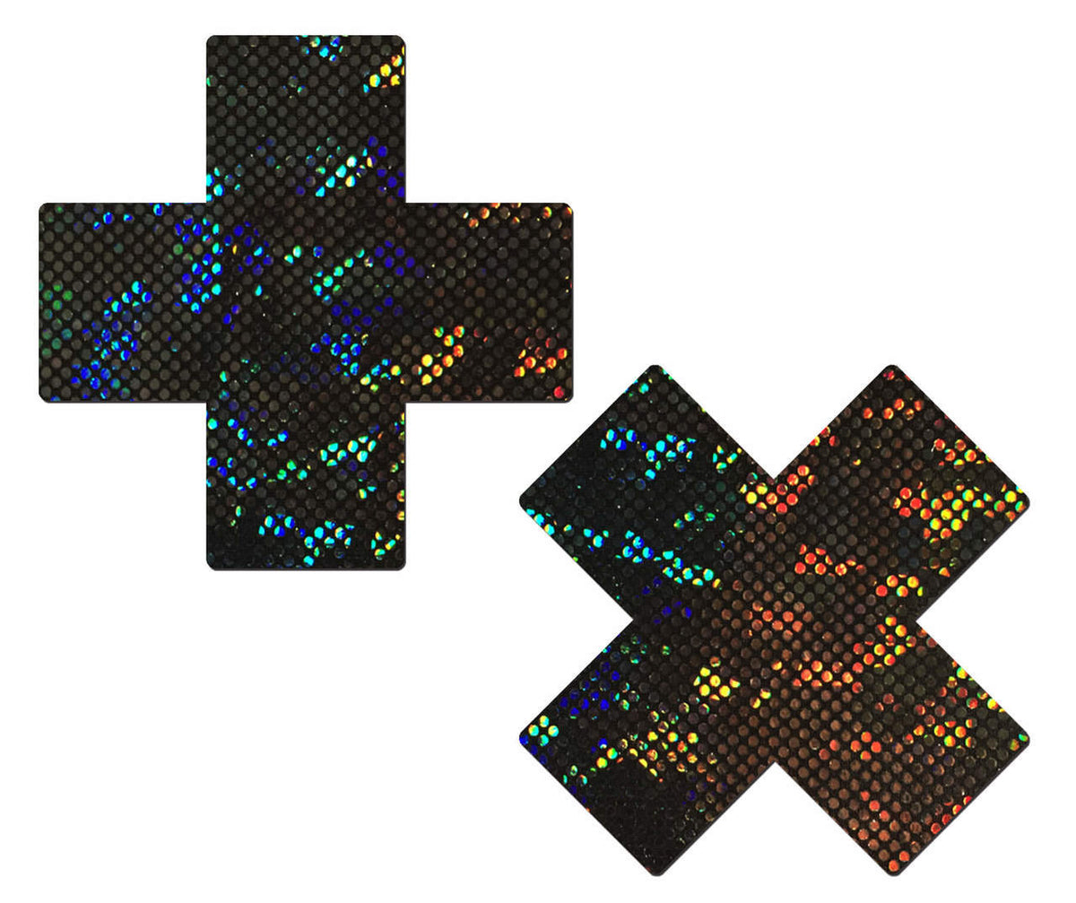 Pastease Shattered Glass Disco Ball Black Cross Pasties featuring a shimmering black glitter finish.