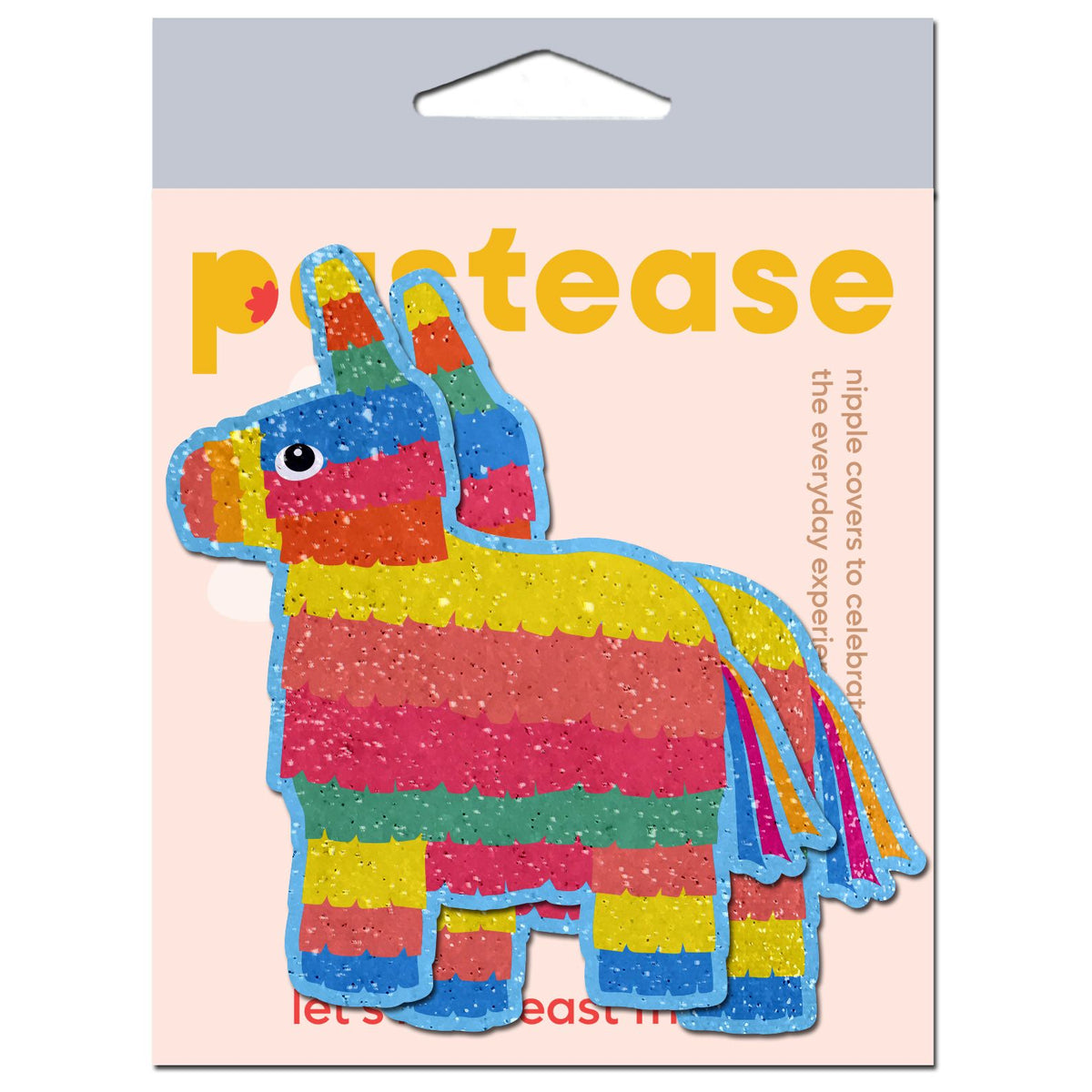 Pastease Pinata Glitter Velvet Nipple Pasties featuring a colorful piñata design on packaging.