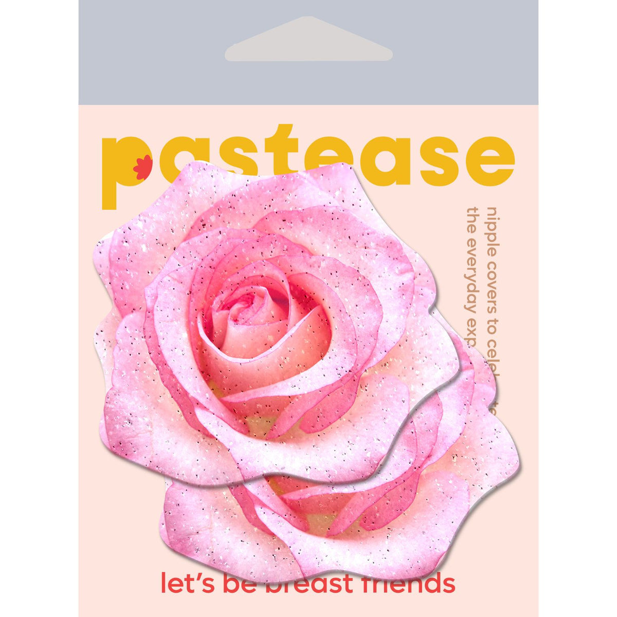 Pastease Pink Glitter Velvet Rose Nipple Pasties in packaging with floral design and cheerful text.