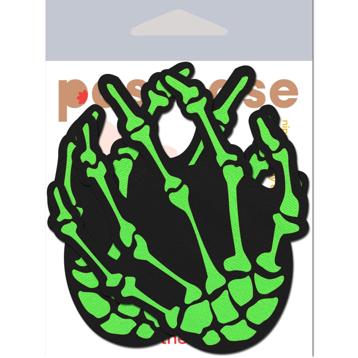 Pastease Neon Green Skeleton Hands Nipple Pasties on packaging, showcasing vibrant green skeleton design.