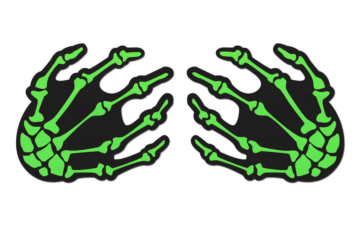 Pastease Neon Green Skeleton Hands Nipple Pasties featuring vibrant neon green skeleton hand design on a black background.