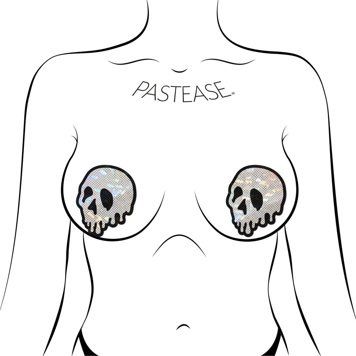 Pastease Skull Melt Shattered Glass Nipple Pasties on a model, showcasing edgy dripping skull design.