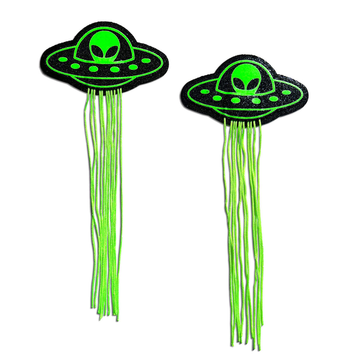 Pastease UFO Alien Glow In The Dark Tassel Pasties featuring neon green alien design and swinging tassels.