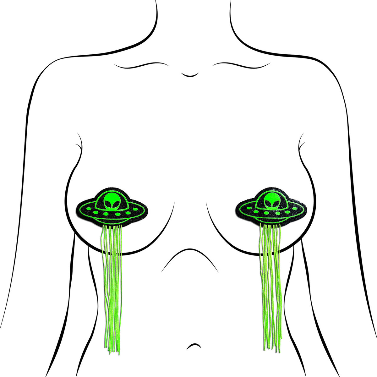 Pastease UFO Alien Glow In The Dark Tassel Pasties featuring neon green alien designs and tassels.