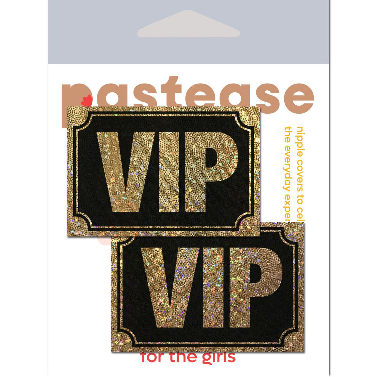 Pastease VIP Gold Glitter On Liquid Black Nipple Pasties set with bold gold VIP design and black base.
