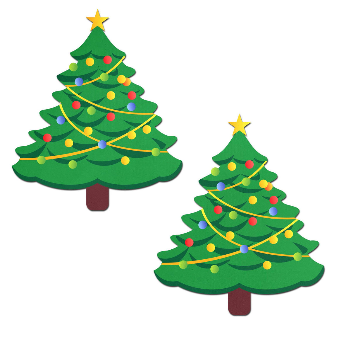 Pastease Christmas Trees Glitter Nipple Pasties shaped like colorful Christmas trees adorned with ornaments and stars.