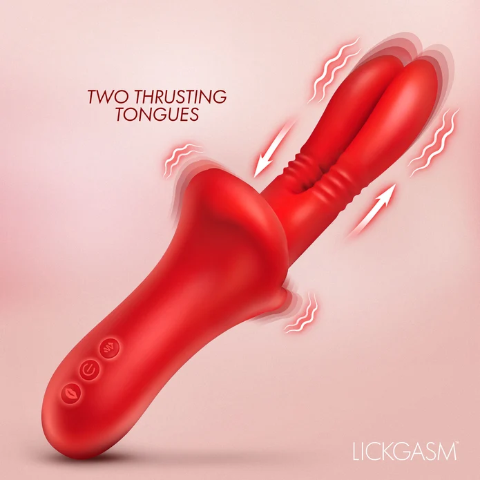 Lickgasm Double Thrusting Silicone Vibrator Red showcasing two thrusting heads for intense pleasure.