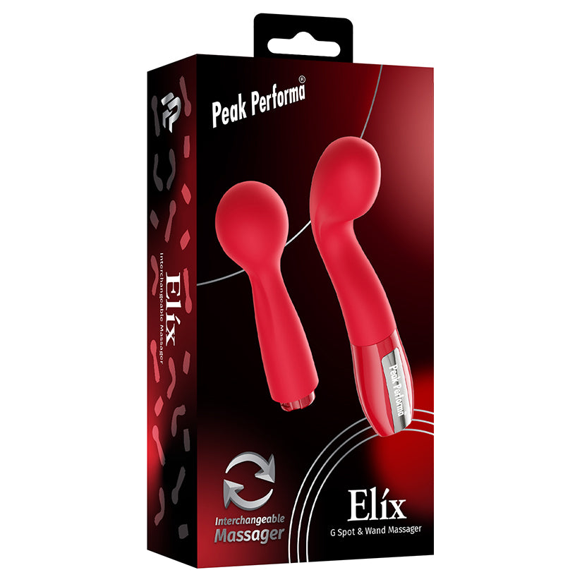 Peak Performa Elix G-Spot and Wand Massager Red packaging showcasing interchangeable massager design.