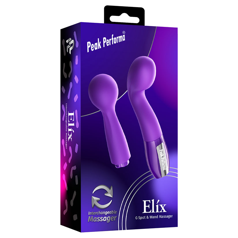 Peak Performa Elix G-Spot and Wand Massager Purple packaging with interchangeable design.