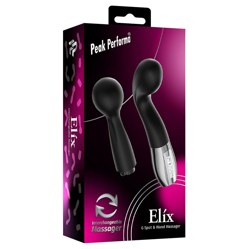 Peak Performa Elix G-Spot and Wand Massager Black packaging featuring interchangeable pleasure tools.