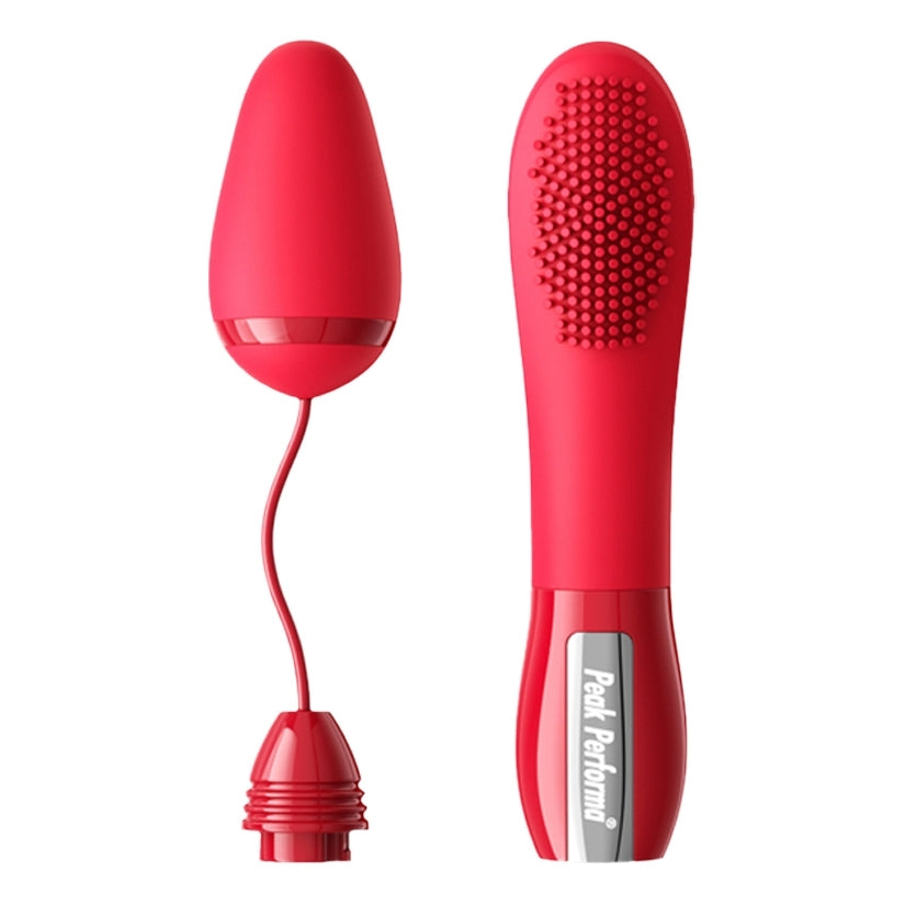 Peak Performa Lushe Egg and Textured Massager Red featuring interchangeable attachments for clitoral and G-spot stimulation.
