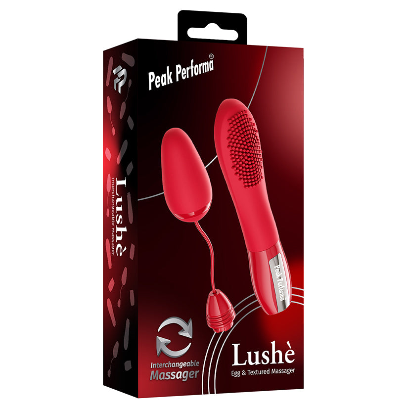 Peak Performa Lushe Egg and Textured Massager Red packaging featuring interchangeable smooth egg and nubbed massager details.