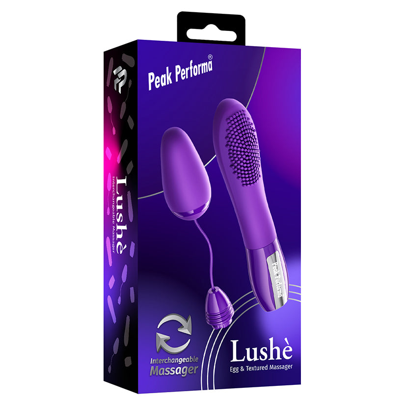 Peak Performa Lushe Egg and Textured Massager Purple packaging showcasing its two-in-one interchangeable design.