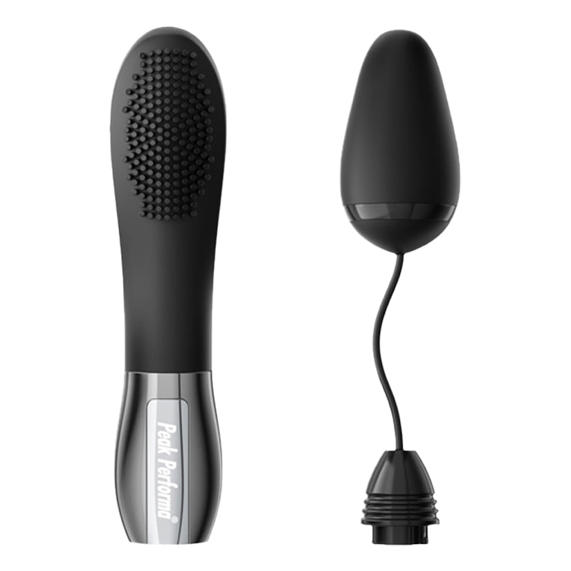 Peak Performa Lushe Egg and Textured Massager Black showing interchangeable vibrator heads for varied stimulation.