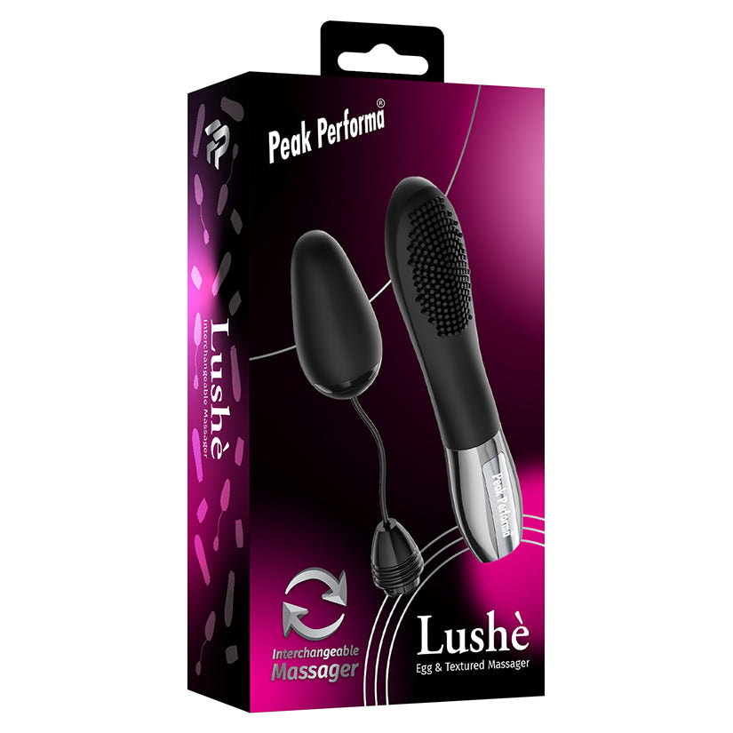Peak Performa Lushe Egg and Textured Massager Black packaging showing interchangeable vibrator for tailored pleasure.