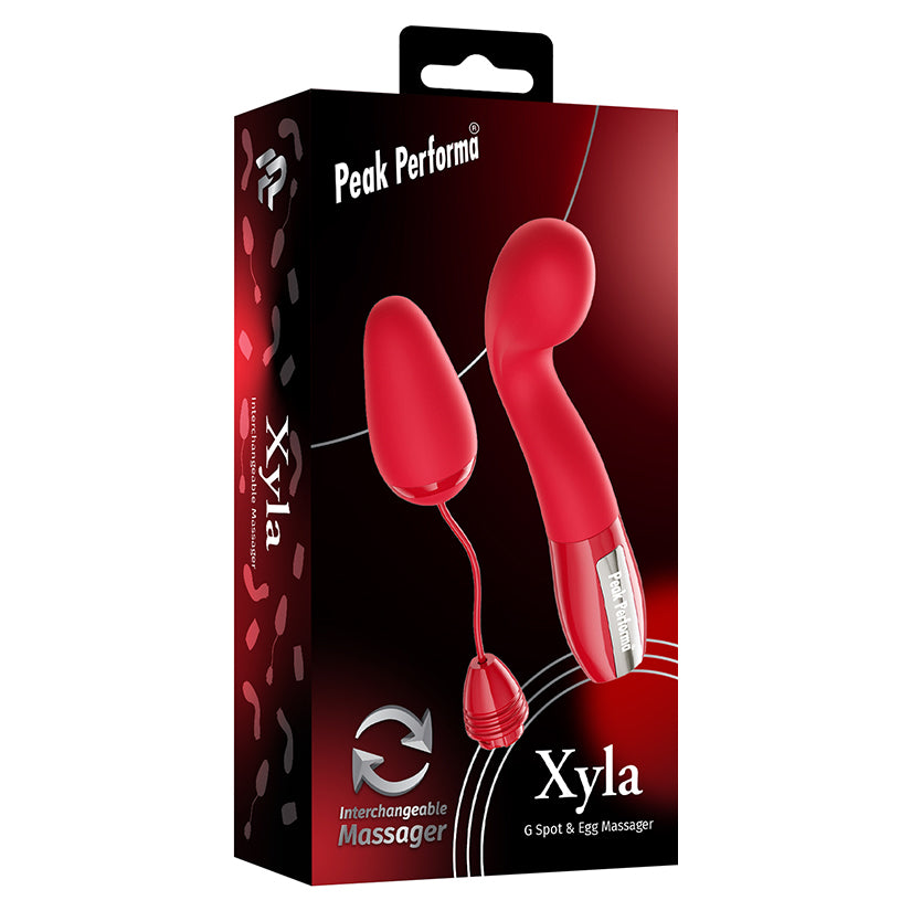 Peak Performa Xyla G-Spot and Egg Massager Red packaging showcasing its interchangeable design and ergonomic shape.