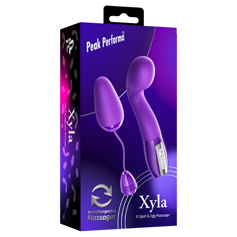 Peak Performa Xyla G-Spot and Egg Massager Purple in elegant packaging with interchangeable heads and strong vibration.