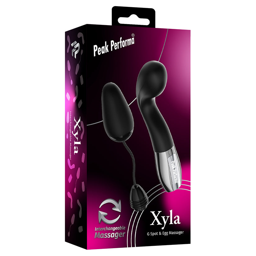 Peak Performa Xyla G-Spot and Egg Massager Black packaging featuring interchangeable heads for versatile stimulation.