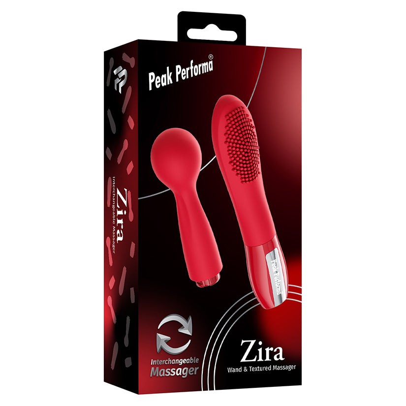 Peak Performa Zira Wand and Textured Massager Red packaging view with interchangeable heads for versatile stimulation.