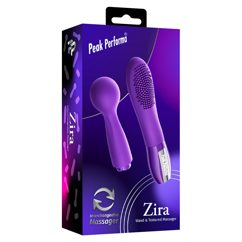 Peak Performa Zira Interchangeable Wand Massager Purple packaging with textured attachments.