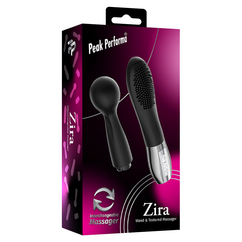 Peak Performa Zira Wand and Textured Massager Black packaging with interchangeable designs.