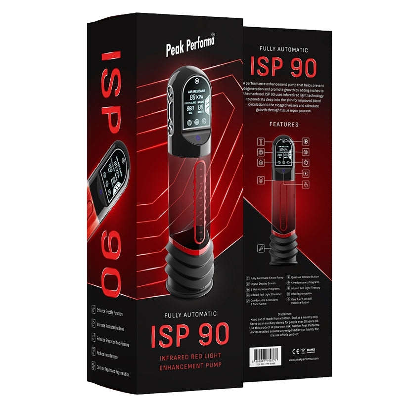 Peak Performa ISP 90 Infrared Red Light Therapy Penis Pump packaging with features and digital display.