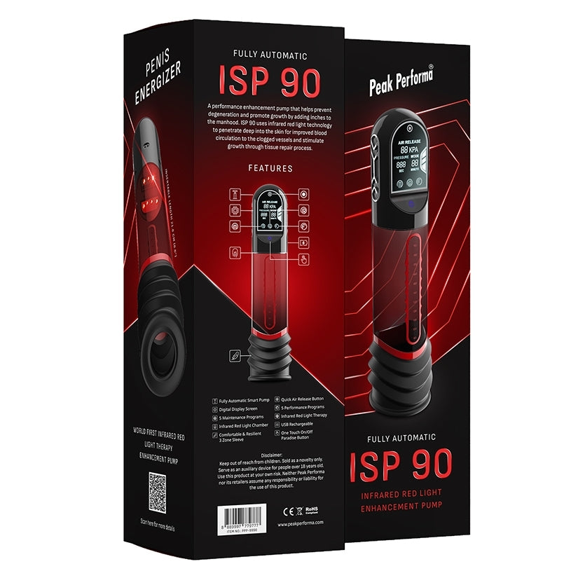 Peak Performa ISP 90 Infrared Red Light Therapy Penis Pump packaging showcasing features and device design.