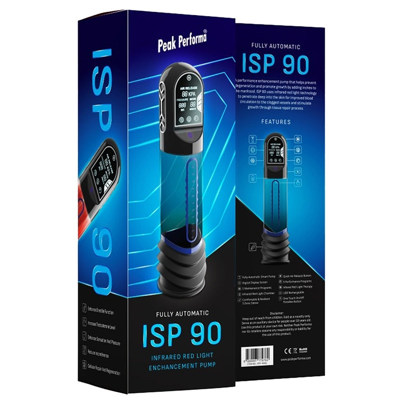 Peak Performa ISP 90 Infrared Red Light Therapy Pump Blue packaging and features displayed.