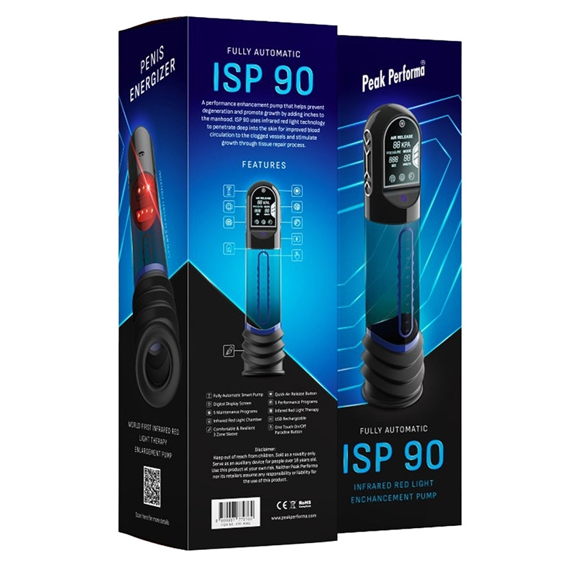 Peak Performa ISP 90 Infrared Red Light Therapy Pump Blue packaging featuring digital display and features.