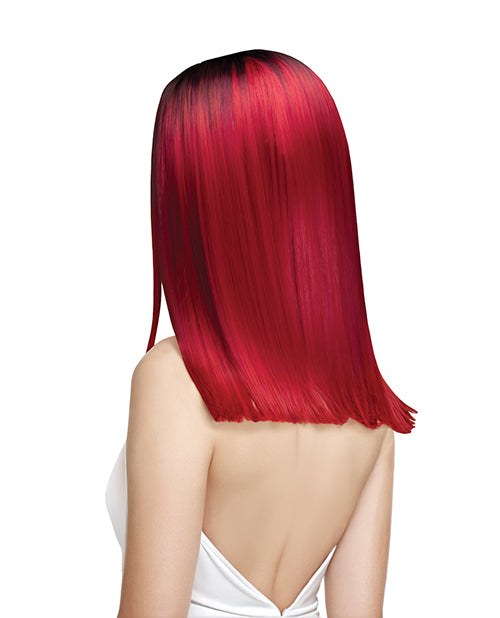 Pleasure Wigs Rose Pink Costume Wig showcasing vibrant rose pink color and sleek silhouette from the back on a model.