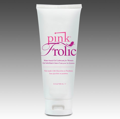Pink Frolic Water-based Lubricant for Women 3.3 Oz tube against a gradient background.