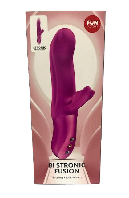 Fun Factory Bi Stronic Fusion Thrusting Rabbit Pulsator Magenta product packaging showcasing its vibrant color and design.